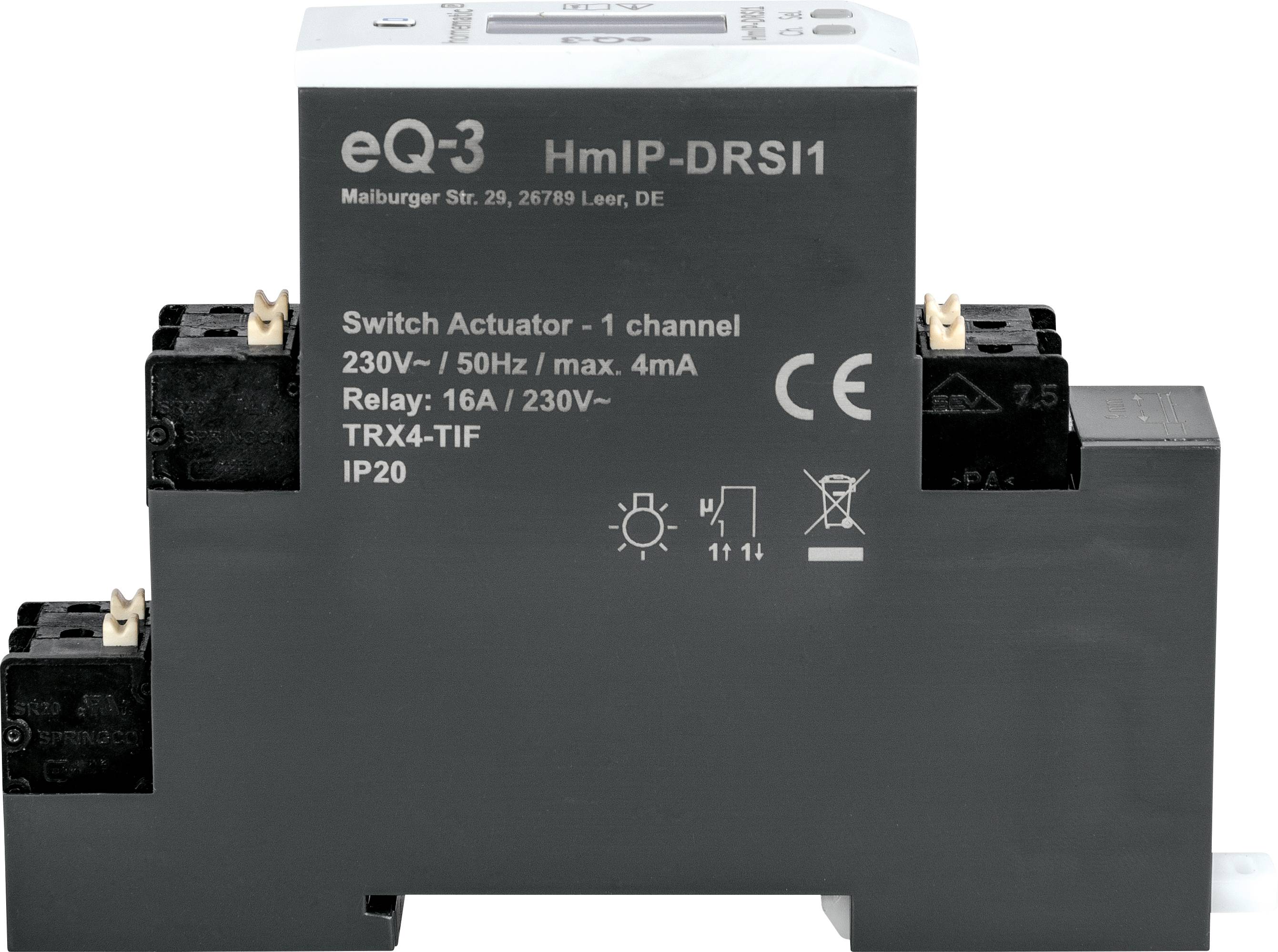 Boîtier de commutation gris, actionneur avec inscription 'eQ-3 HmIP-DRSI1'. Caractéristiques de tension (230V/50Hz), courant (max. 4mA), relais (16A/230V).