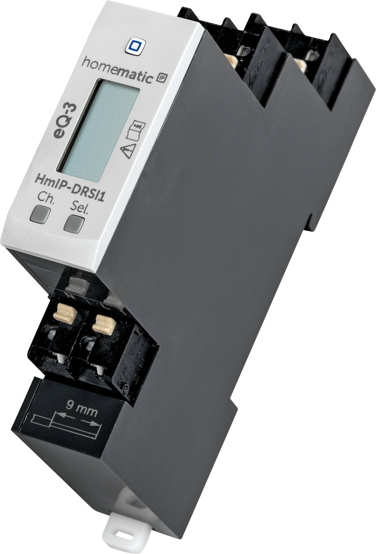Un appareil Homematic noir avec un affichage numérique et l'inscription 'HmIP-DRSI1', utilisé pour contrôler des systèmes électriques.