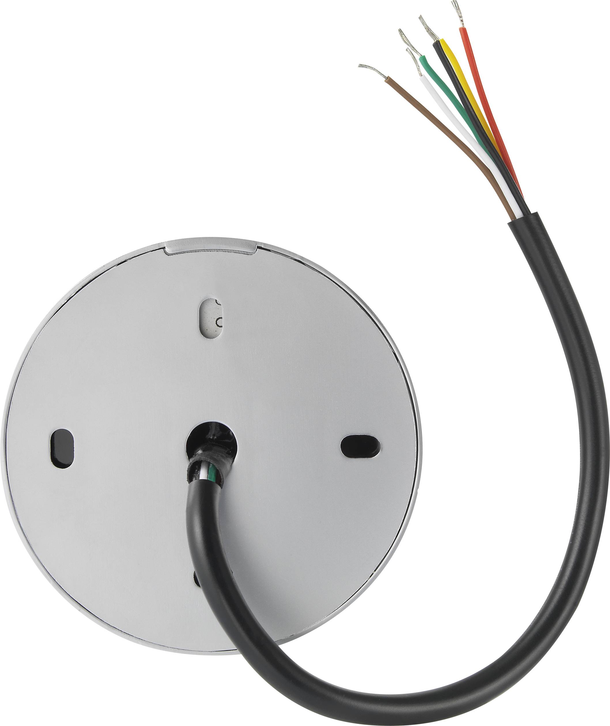 Support de plafond rond avec un point de connexion pour câble et plusieurs fils apparents de différentes couleurs.