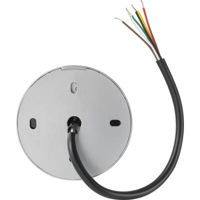 Support de plafond rond avec un point de connexion pour câble et plusieurs fils apparents de différentes couleurs.