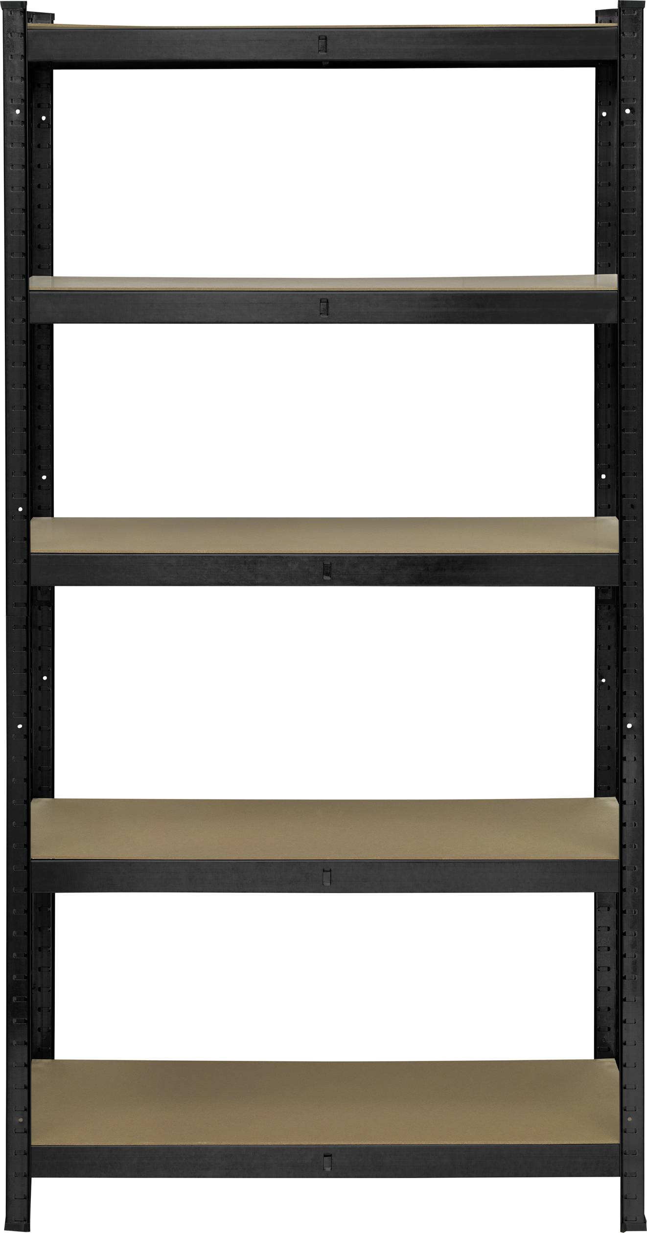 Étagère métallique avec cinq tablettes marron, montants verticaux noirs. Idéal pour le rangement dans les garages ou les ateliers.