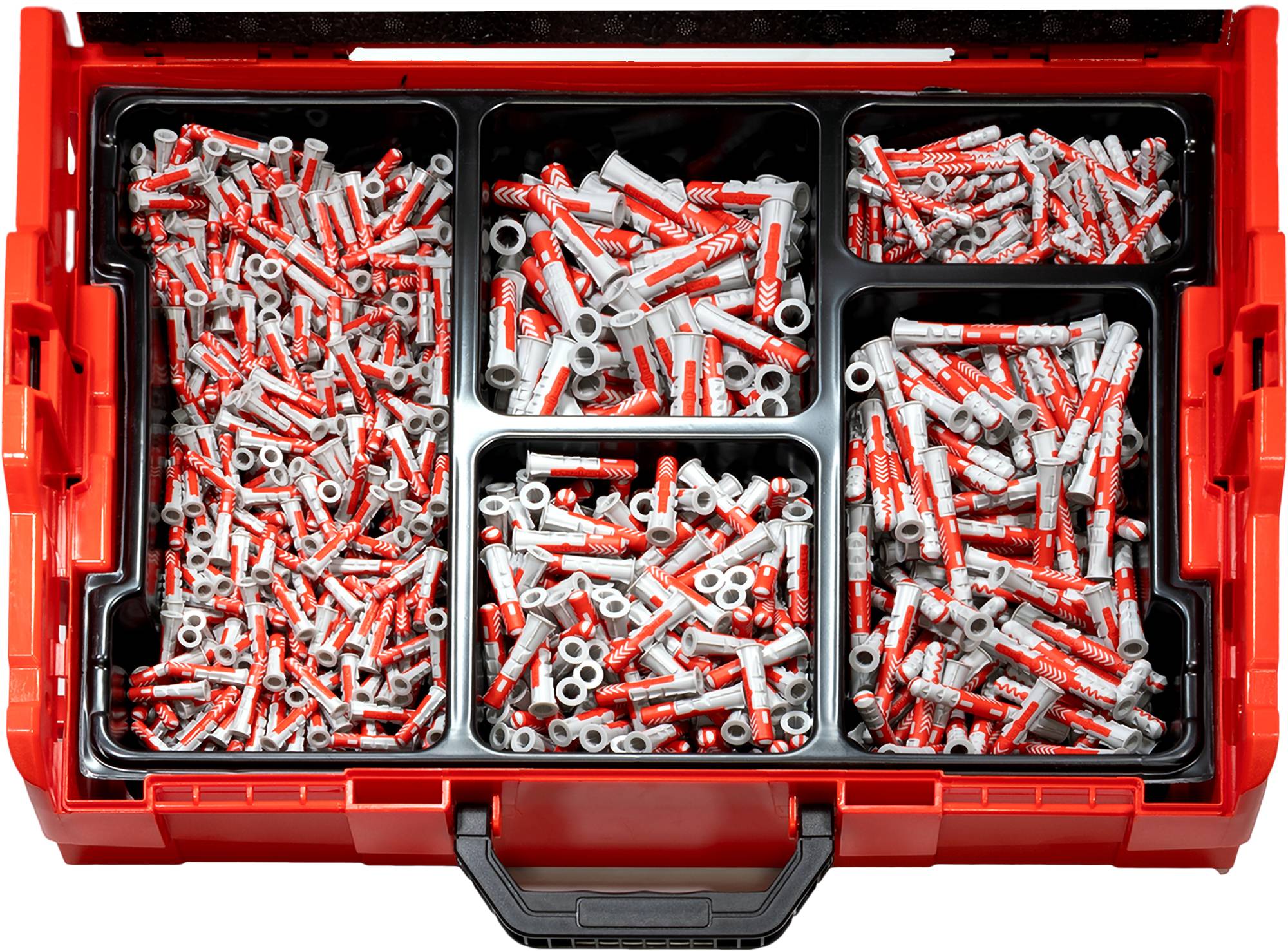 Boîte à outils rouge portant l'inscription 'fischer L-BOXX DuoPower'. Sont représentés deux chevilles avec indication de taille 6-10 mm et autres informations.