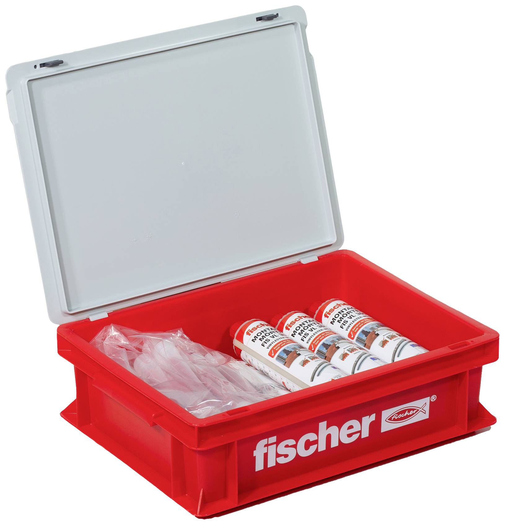 Boîte en plastique rouge avec couvercle ouvert, contenant plusieurs boîtes et sachets emballés. Sur la face avant est inscrit 'fischer'.
