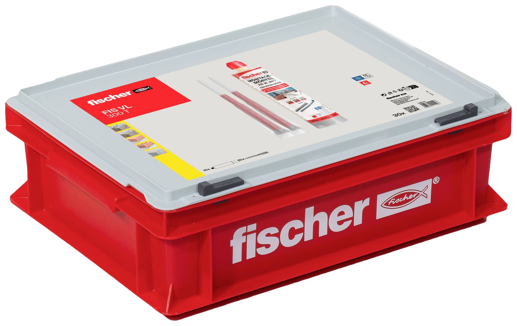 Boîte Fischer avec couvercle transparent, contenant des chevilles de fixation et accessoires. L'image du produit présente la marque et le texte descriptif du contenu.