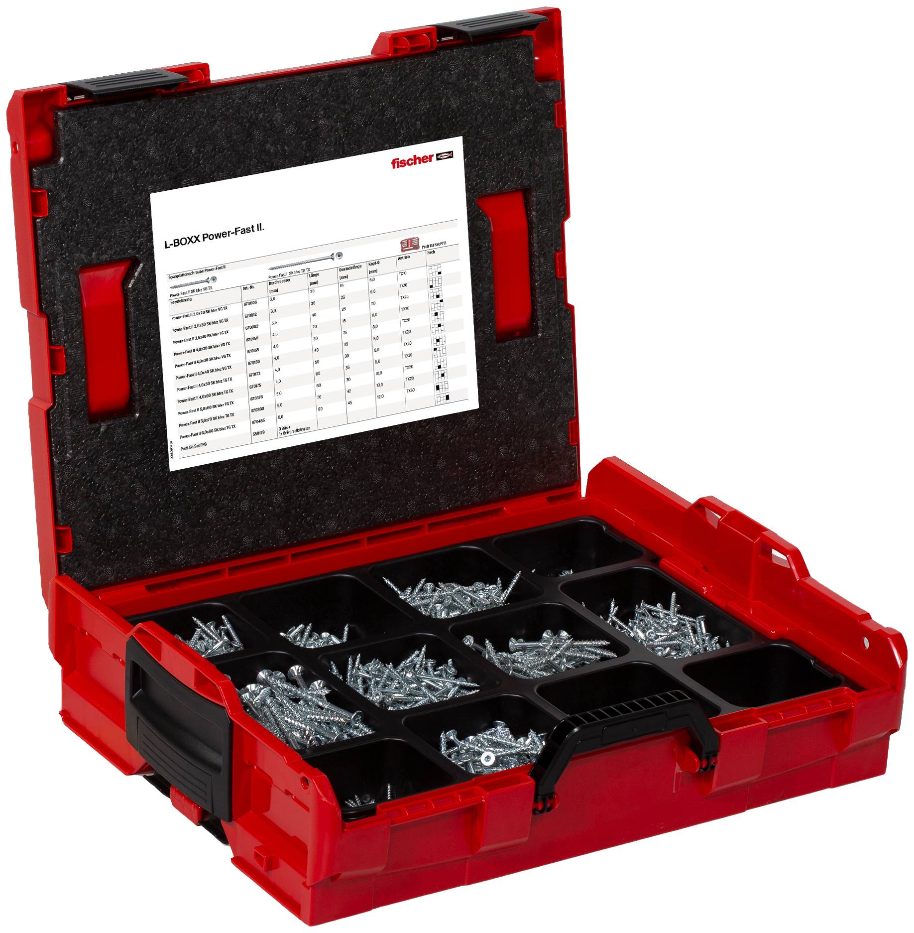 Une boîte à outils rouge étiquetée « L-BOXX PowerFast II » contient plusieurs compartiments remplis de vis, avec des étiquettes indiquant différentes quantités.