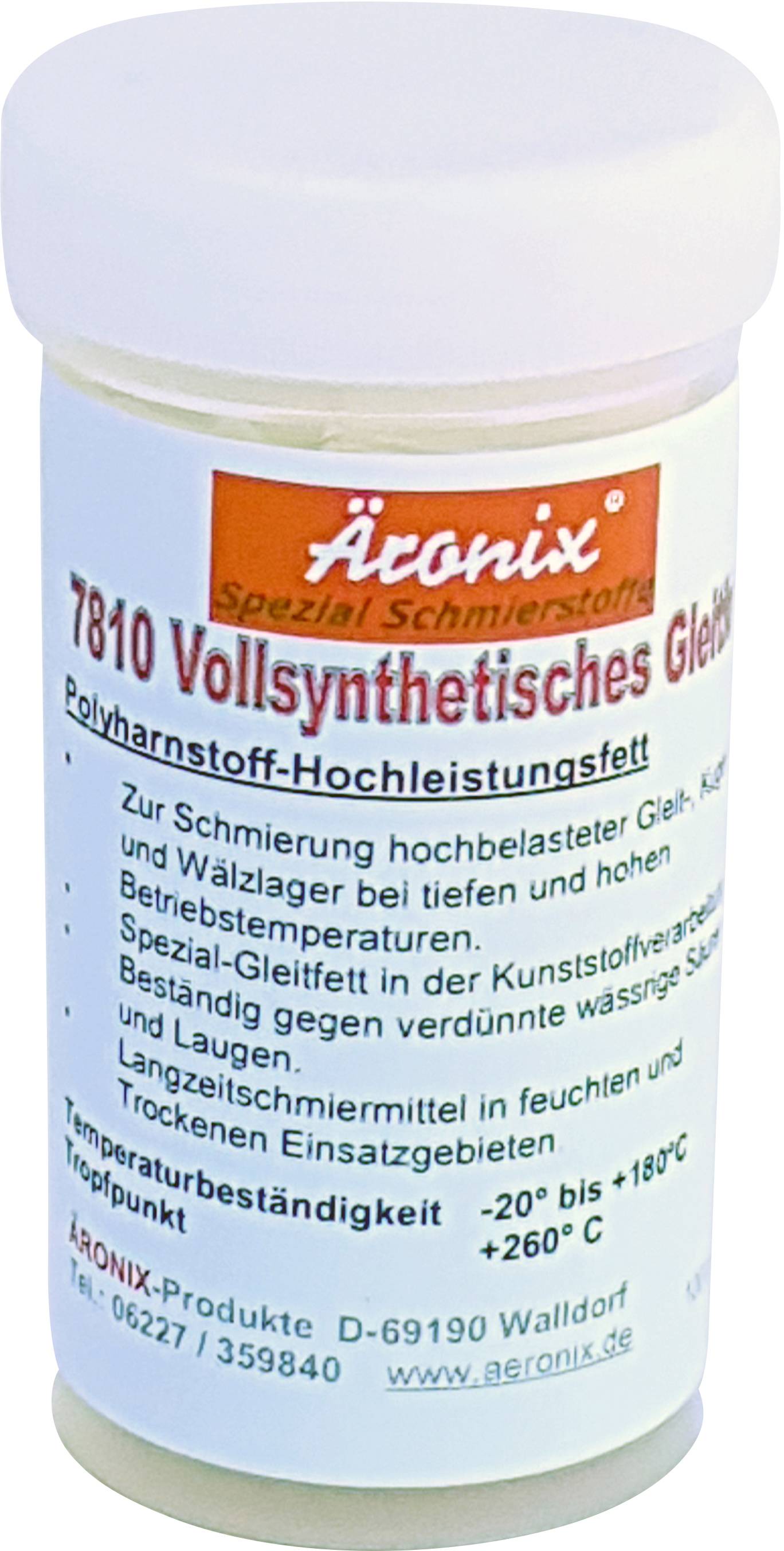 Un pot de graisse de glissement entièrement synthétique Acronix. Pour la lubrification des paliers lisses, à billes et de roulement hautement sollicités, avec une résistance à la température de -20°C à +180°C.