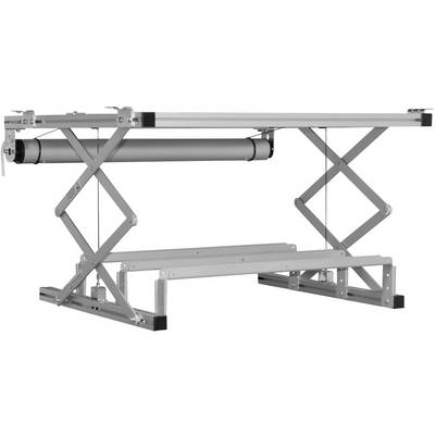 Un mécanisme de table élévatrice à ciseaux en métal argenté, composé de longs bras parallèles qui se croisent et se soulèvent.