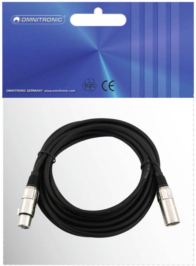 Câble XLR Omnitronic noir, 5 mètres. Adapté pour des connexions audio professionnelles.