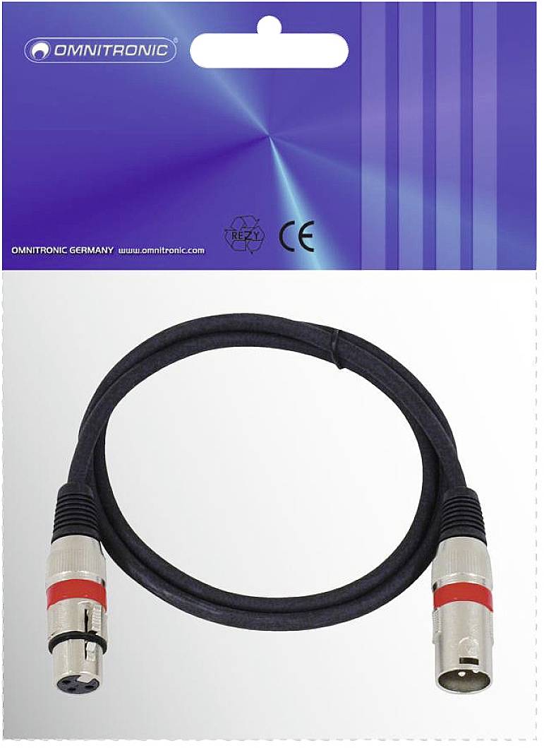 Câble XLR noir avec fiches argentées et bagues de marquage rouges, dans un emballage en plastique, nom de marque 'Omnitronic' en haut à gauche.
