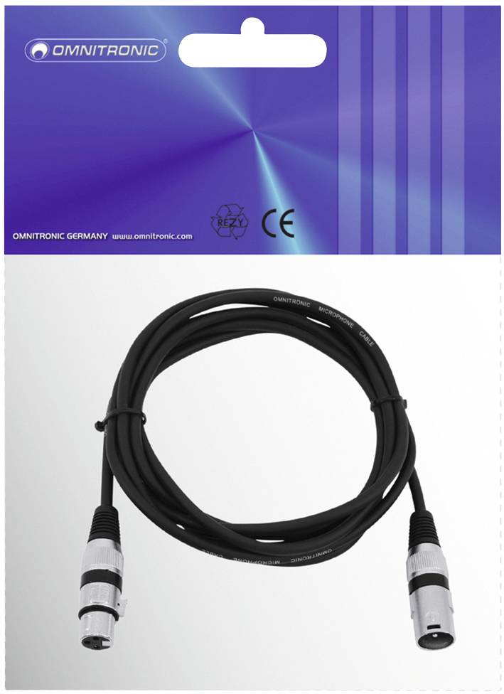 Emballage Omnitronic pour câbles avec connecteurs XLR, symboles de certification CE en haut. Câble représenté au centre.