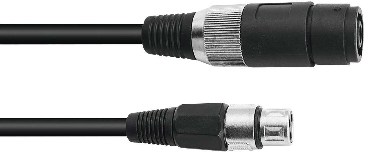 'Deux fiches XLR audio, une mâle et une femelle, en plastique noir avec des accents métalliques. Utilisées pour les connexions audio.'
