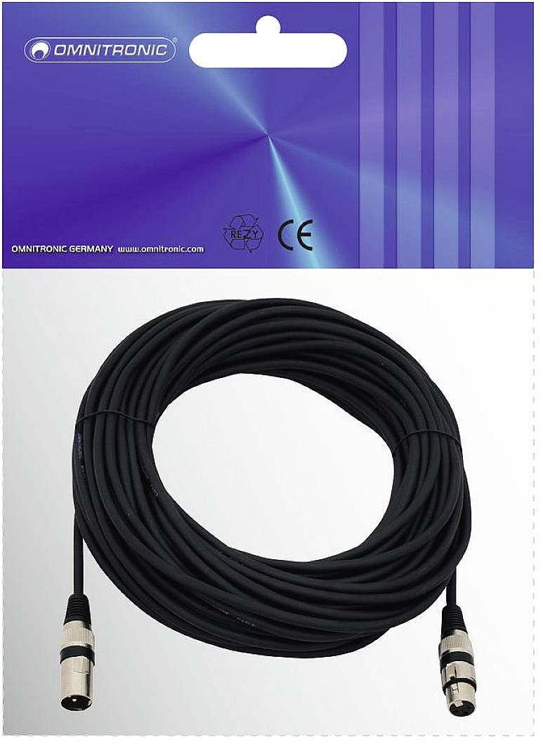 Un câble audio noir avec des connecteurs XLR sur un fond blanc. Nom de marque 'Omnitronic' en haut de l'emballage.