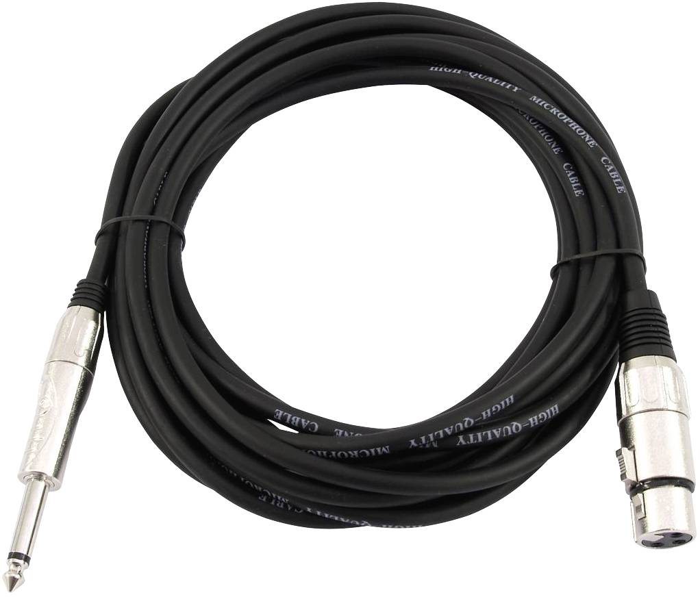 Un câble de microphone noir, d'environ 3 mètres de long, avec une fiche jack et une connexion XLR aux extrémités, représenté enroulé.