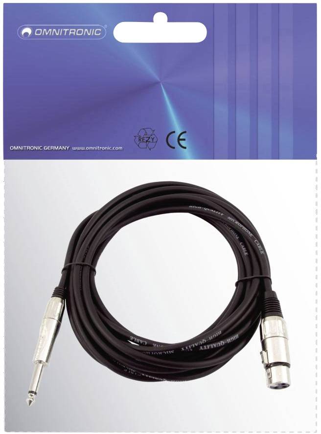 Un câble audio Omnitronic dans son emballage, avec une fiche jack 6,3 mm et un connecteur XLR. L'emballage contient des sceaux techniques.