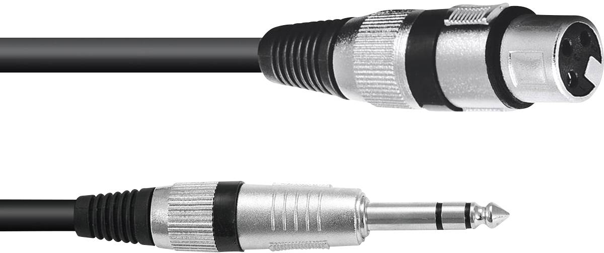 Image d'un câble XLR et d'un câble jack 6,3 mm, tous deux noirs avec des connecteurs argentés, sur un fond blanc.