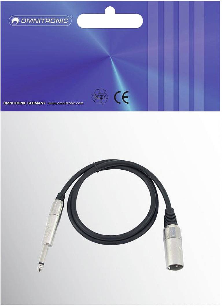 Un câble audio Omnitronic avec une fiche jack 6,3 mm et une fiche XLR, adapté pour les connexions d'appareils audio. Emballage en bleu.