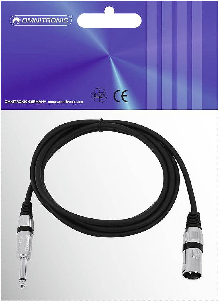Emballage OMNITRONIC avec câble audio XLR vers Jack, adapté aux connexions d'appareils audio professionnels. Certifié CE.