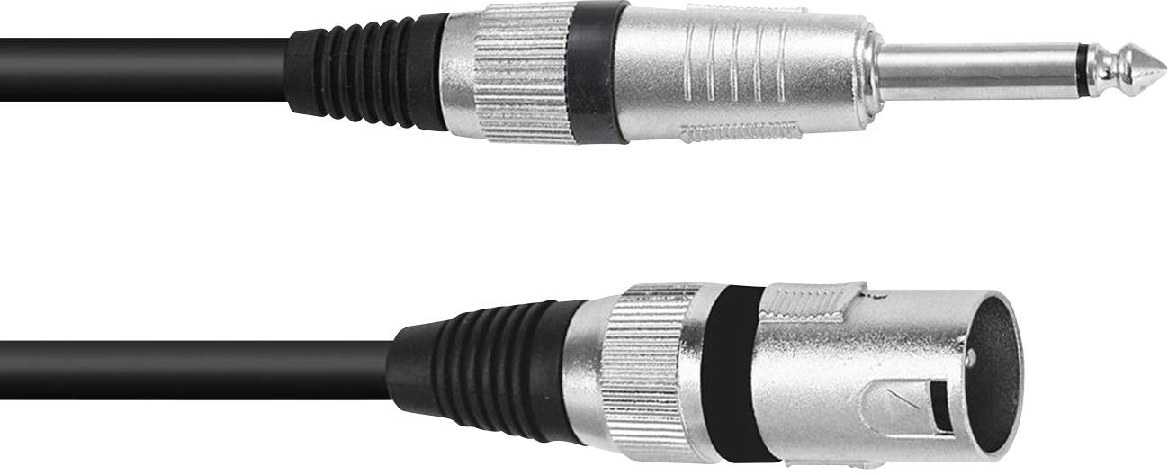 Un câble audio noir avec une fiche XLR à une extrémité et une fiche jack à l'autre extrémité, utilisé pour la connexion audio.