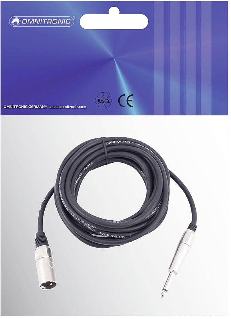 Emballage 'OMNITRONIC' montrant un câble XLR vers jack, adapté aux connexions audio. Logo et marquage CE en haut de l'emballage.