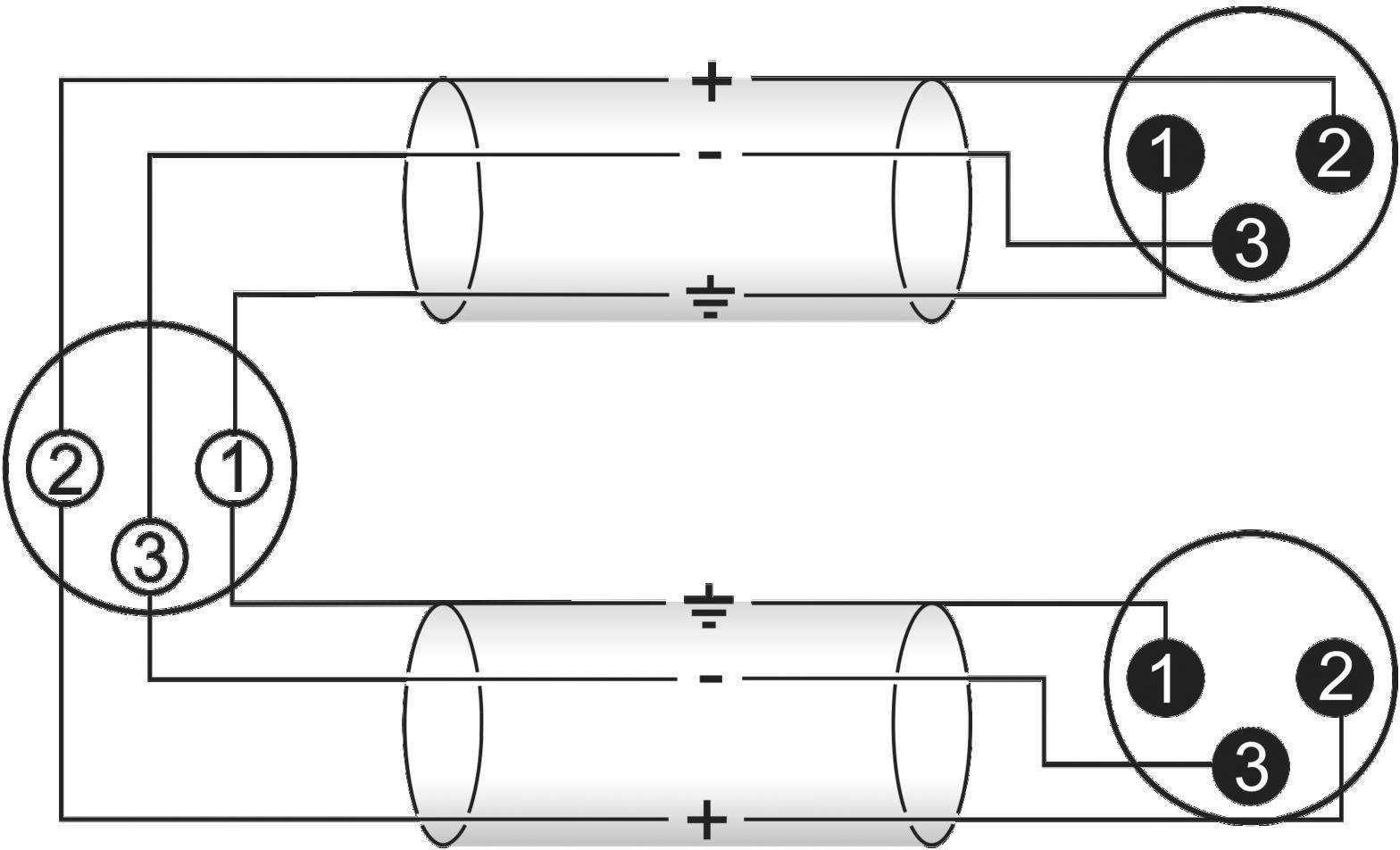 Schéma de câblage d'un circuit électronique avec deux cylindres, bornes numérotées 1, 2, 3 et bornes polarisées.