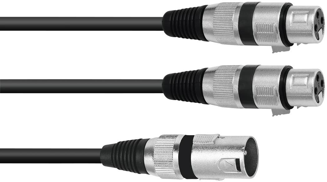 Trois câbles XLR avec connecteurs, deux femelles et un mâle, pour connecter des appareils audio.