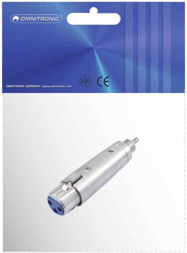 Adaptateur Omnitronic XLR mâle vers RCA, conditionné dans un emballage à surface supérieure bleue portant le logo de l'entreprise. Adapté pour les connexions audio.