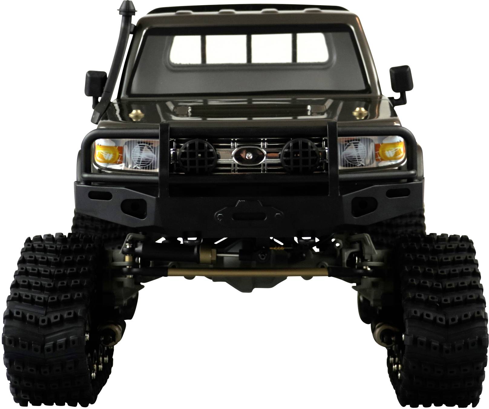 Une voiture tout-terrain jouet avec des roues larges et tout-terrain, représentée de face, mise en valeur par un design robuste.