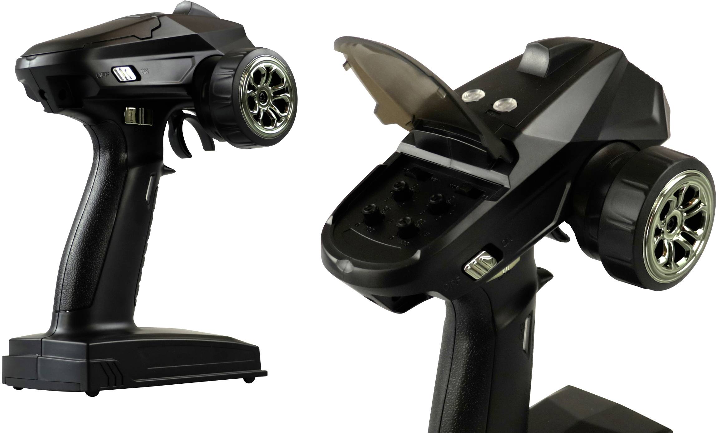 Deux vues d'une télécommande avec leviers et boutons. À gauche, la vue complète, à droite la zone sous un couvercle ouvert.