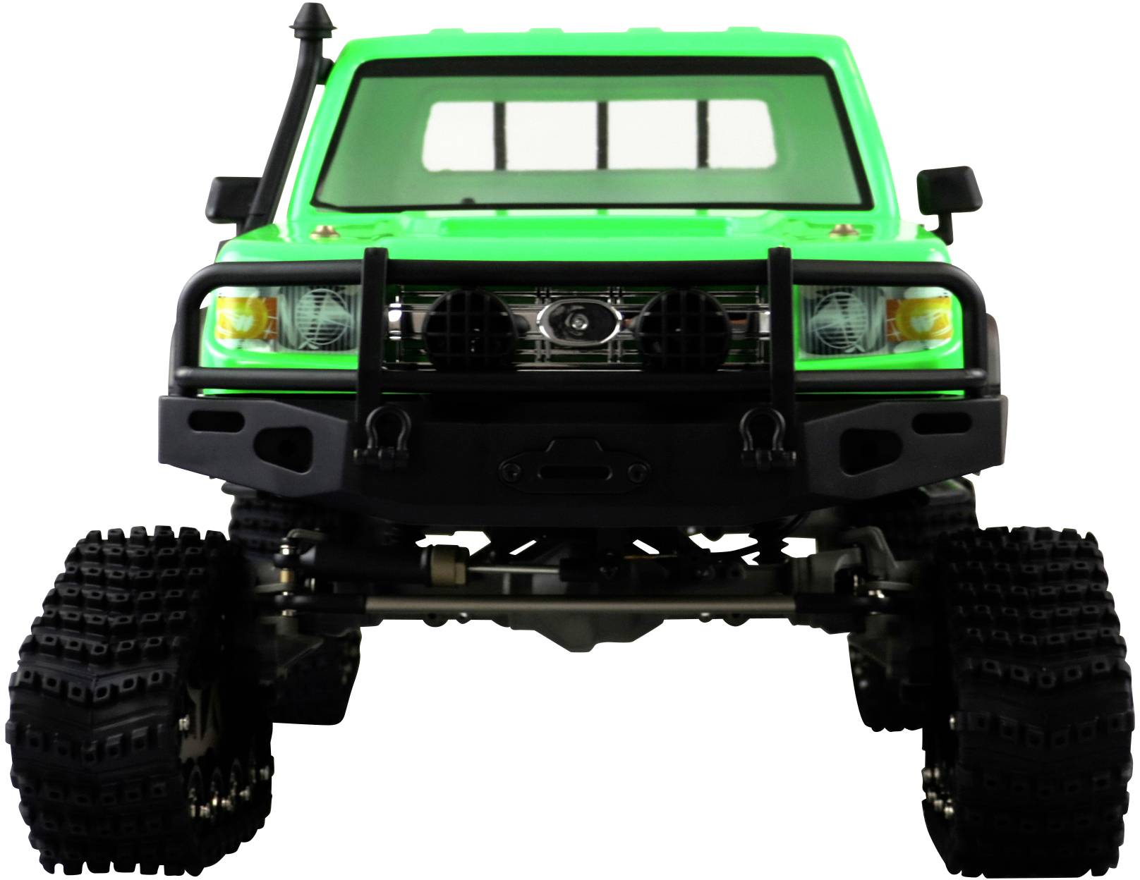 Véhicule tout-terrain jouet vert avec de grandes roues, vu de face. Pare-chocs large et grille de fenêtre.