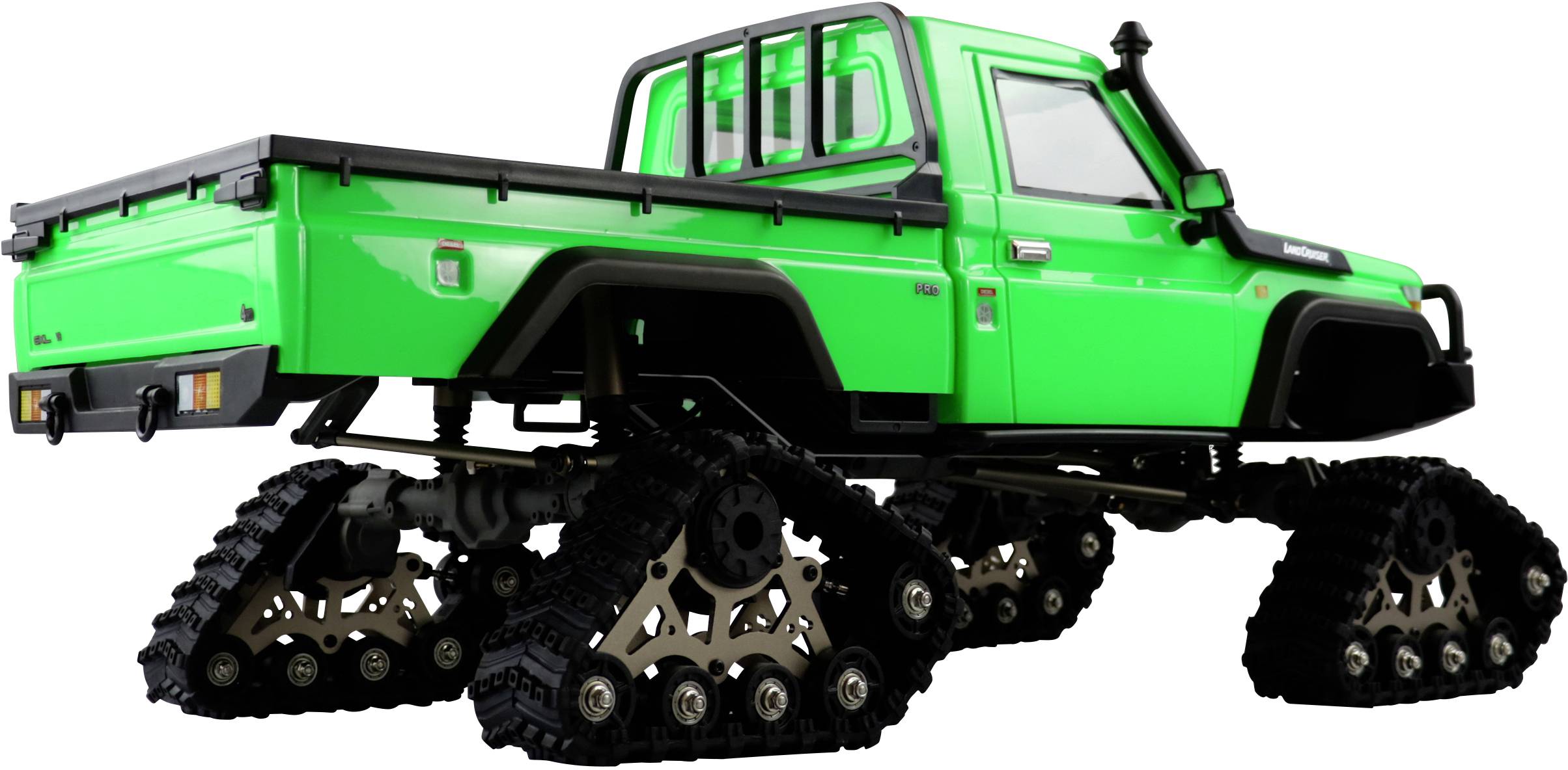 Camionnette verte brillante équipée de chenilles au lieu de roues, vue latérale. Véhicule adapté aux terrains difficiles.