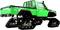 Camionnette verte brillante équipée de chenilles au lieu de roues, vue latérale. Véhicule adapté aux terrains difficiles.