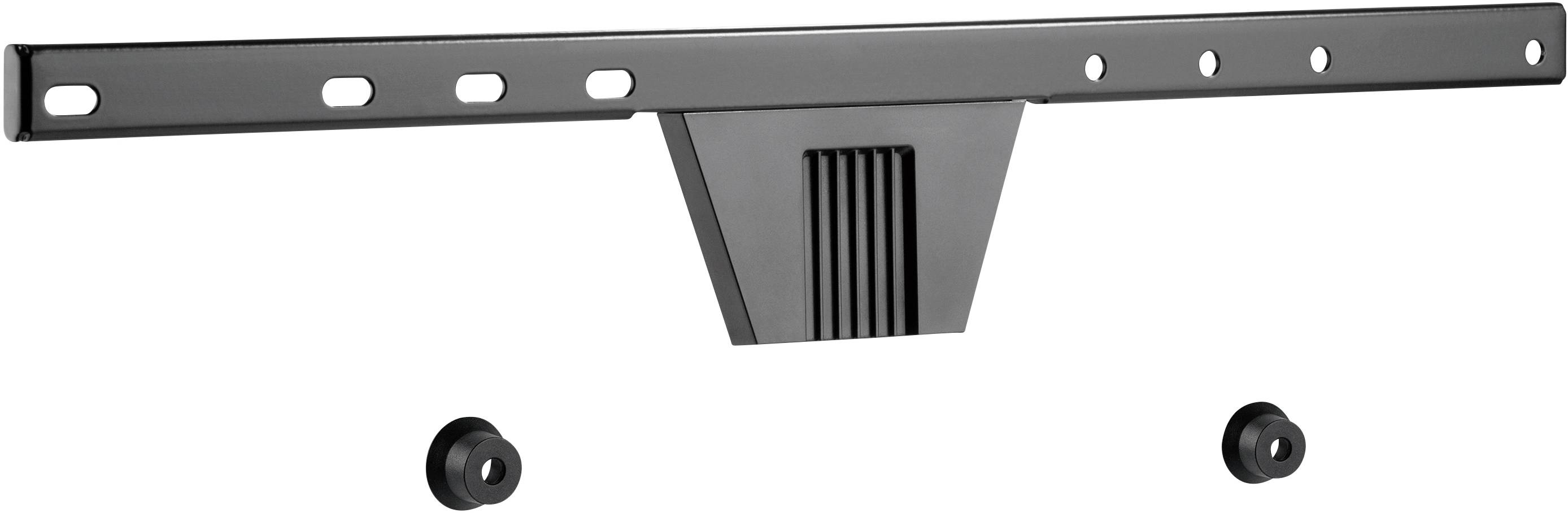 Support de fixation métallique noir et gris comportant plusieurs trous de perçage et deux pièces rondes distinctes en dessous, probablement un accessoire de montage.