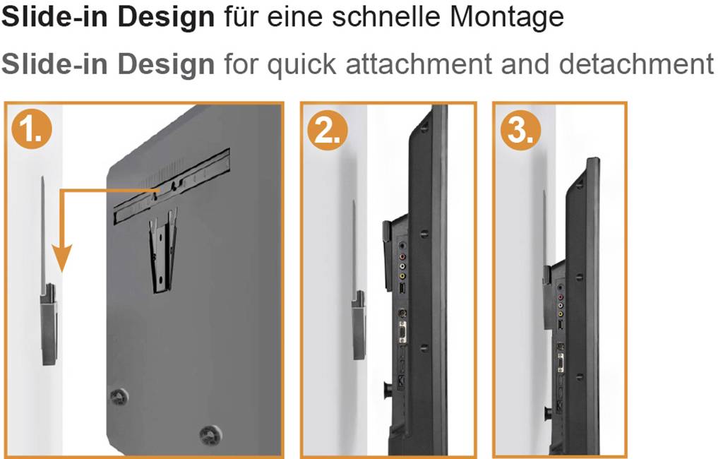 Conception à glissement en trois étapes pour un montage facile et un changement rapide : 1. Insérer, 2. Fixer, 3. Ajuster.