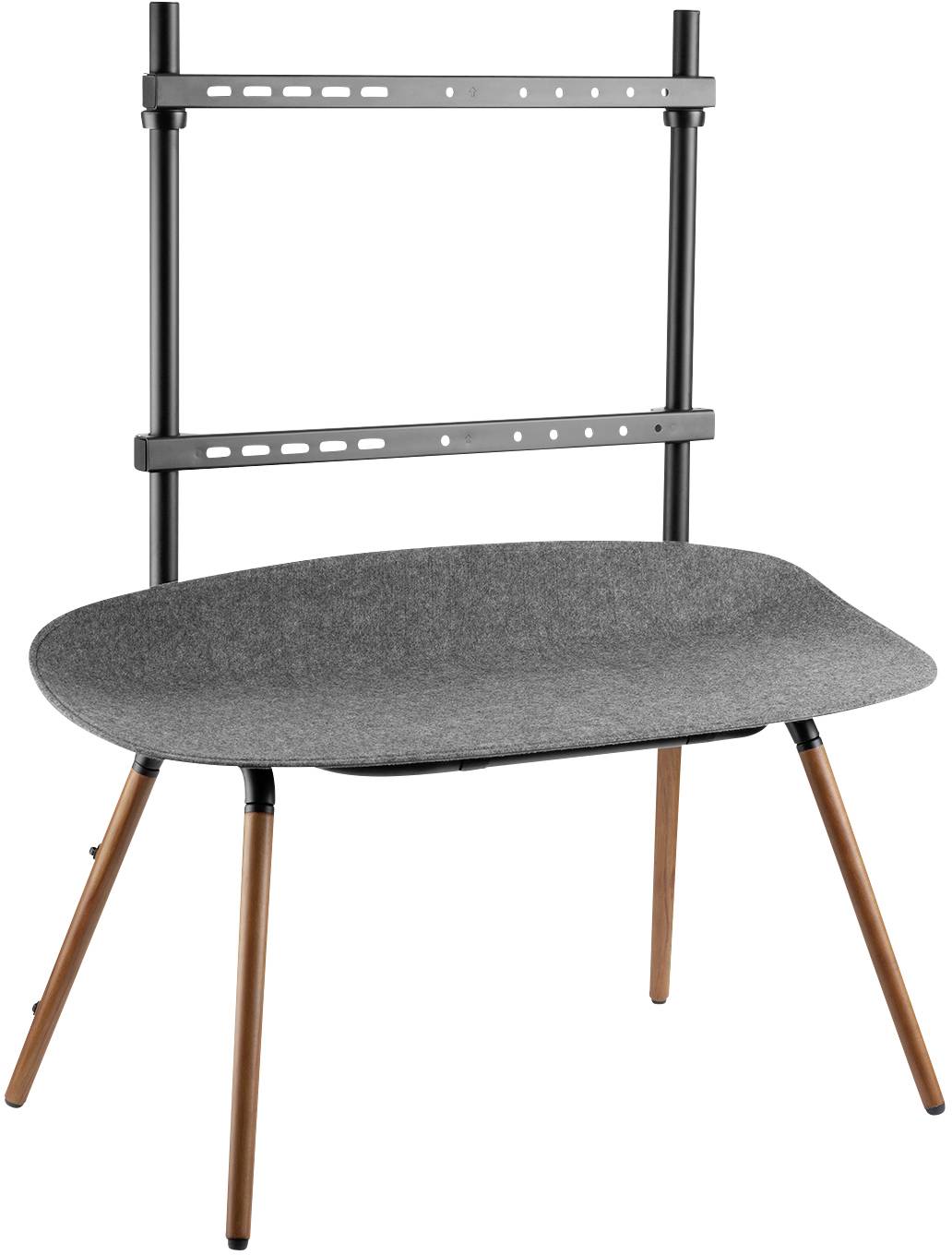 Un meuble de banc gris avec quatre pieds en bois et un support métallique noir en arrière-plan, adapté aux espaces modernes.