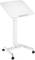 Un pupitre mobile blanc avec une plateforme réglable sur roulettes. Idéal pour les présentations ou utilisable comme petit bureau.
