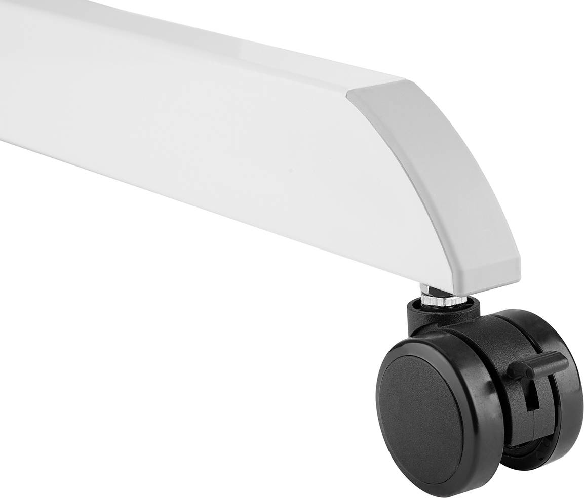 Pied de chaise avec roulette noire en plastique fixé sur un châssis rectangulaire blanc, faisant partie d'un meuble de bureau.