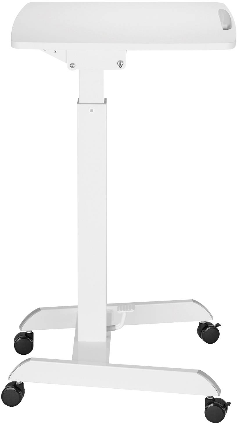 Une table médicale mobile avec réglage en hauteur, montée sur quatre roulettes noires et dotée d'une surface blanche, adaptée aux hôpitaux et aux cliniques.