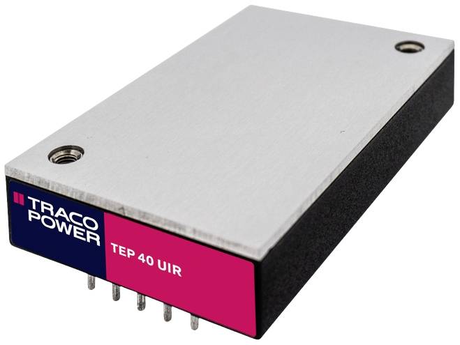 Un module électronique rectangulaire portant l'inscription 'TRACO POWER TEP 40 UIR' sur le côté, illustrant sa conception et ses connexions.