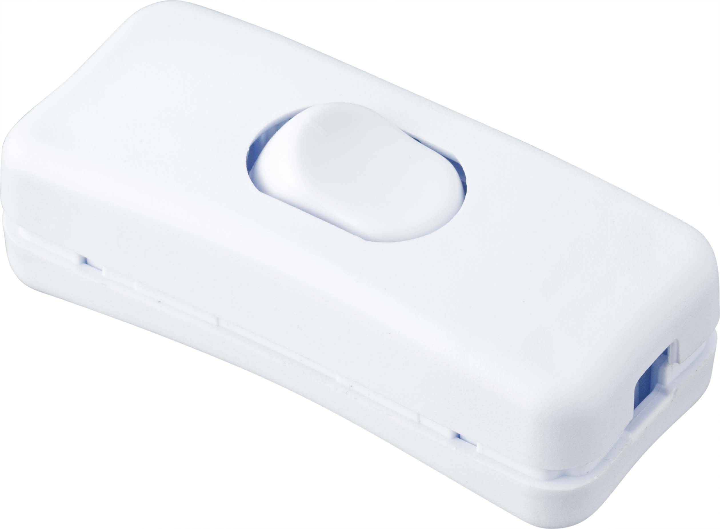 Un interrupteur à bascule blanc, rectangulaire, de forme boîtier, avec des angles arrondis, bouton de commande centré, adapté pour l'éclairage.