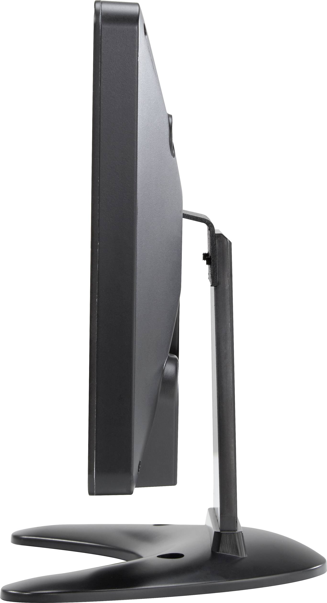 Moniteur noir vu de côté, monté sur un socle rectangulaire.