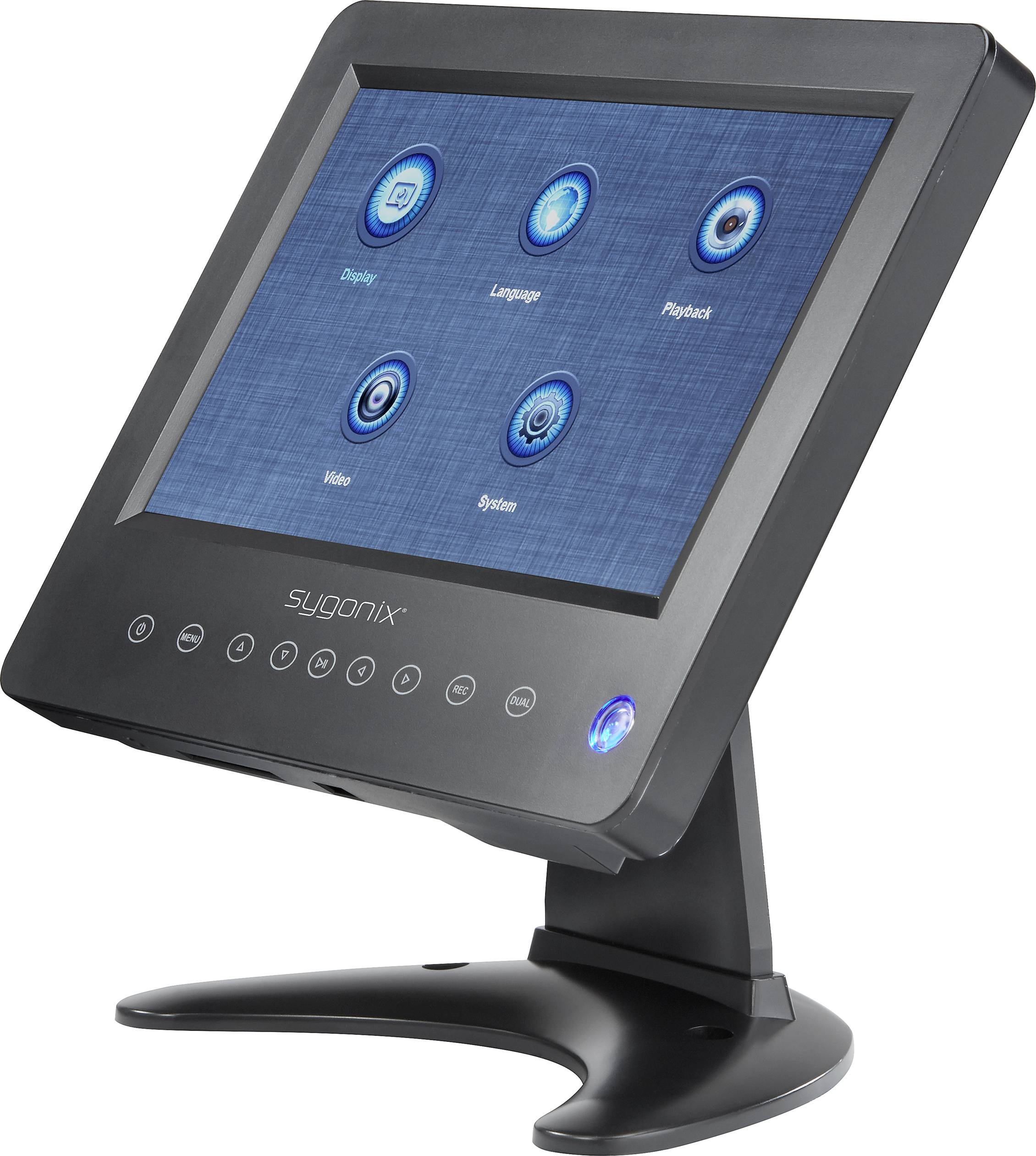 Un écran tactile noir avec une interface utilisateur bleue affiche six symboles, dont 'Design', 'Language' et 'System'.