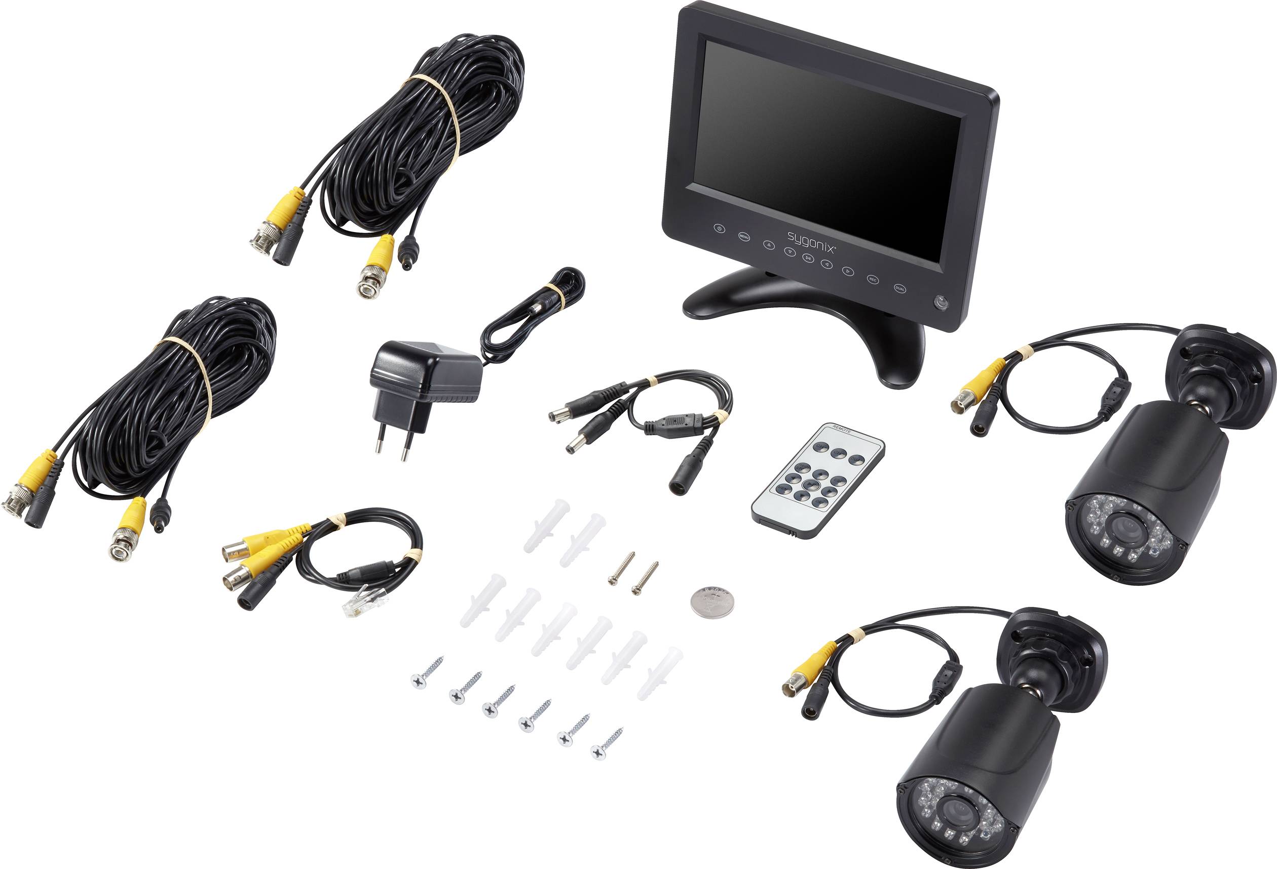 Ensemble de caméras de surveillance avec moniteur, deux caméras, câbles, télécommande et accessoires. Idéal pour la surveillance de sécurité des bâtiments.