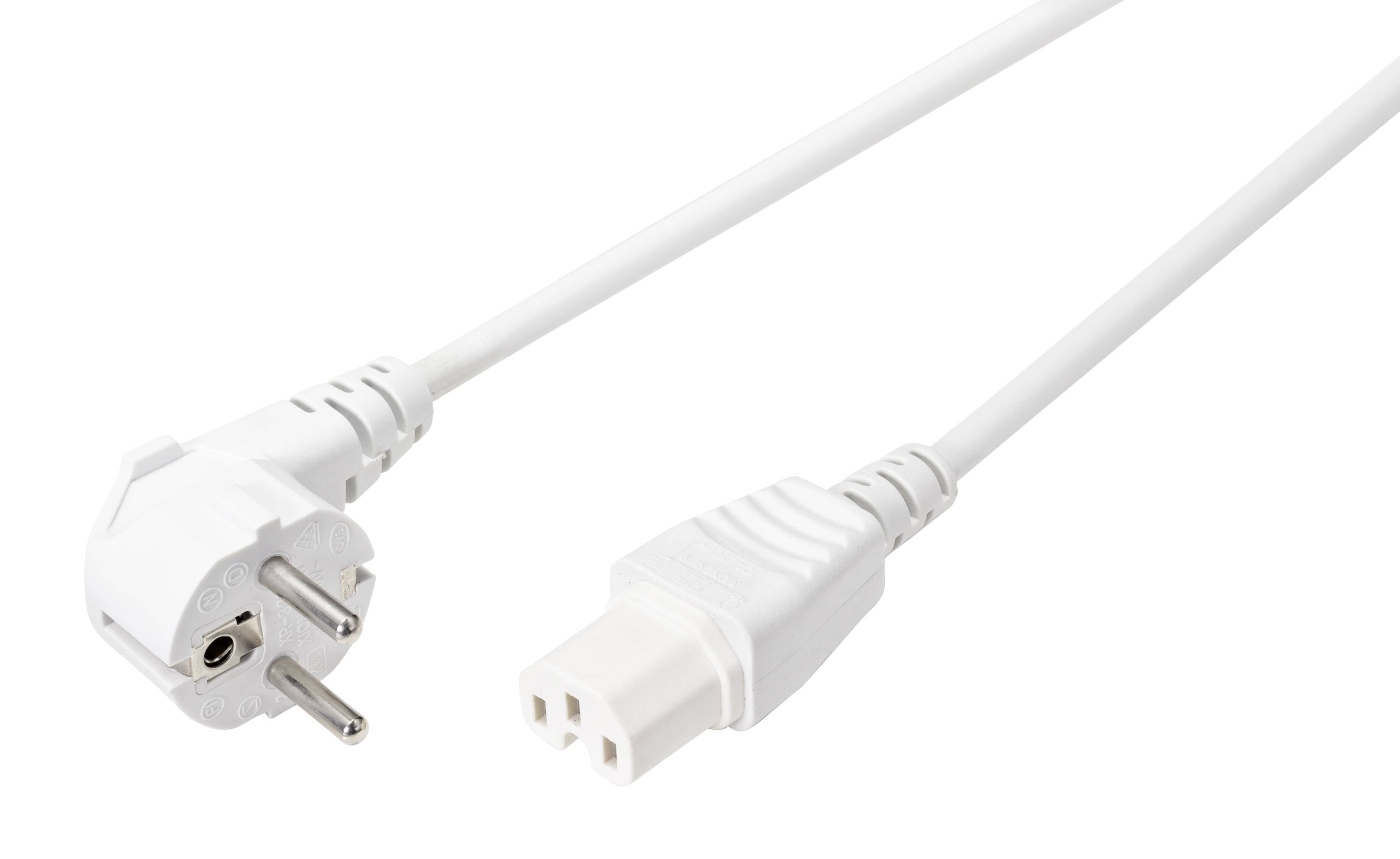 Deux fiches électriques blanches, l'une avec des contacts de terre circulaires, l'autre avec une connexion rectangulaire ; relient des appareils à des sources d'alimentation.