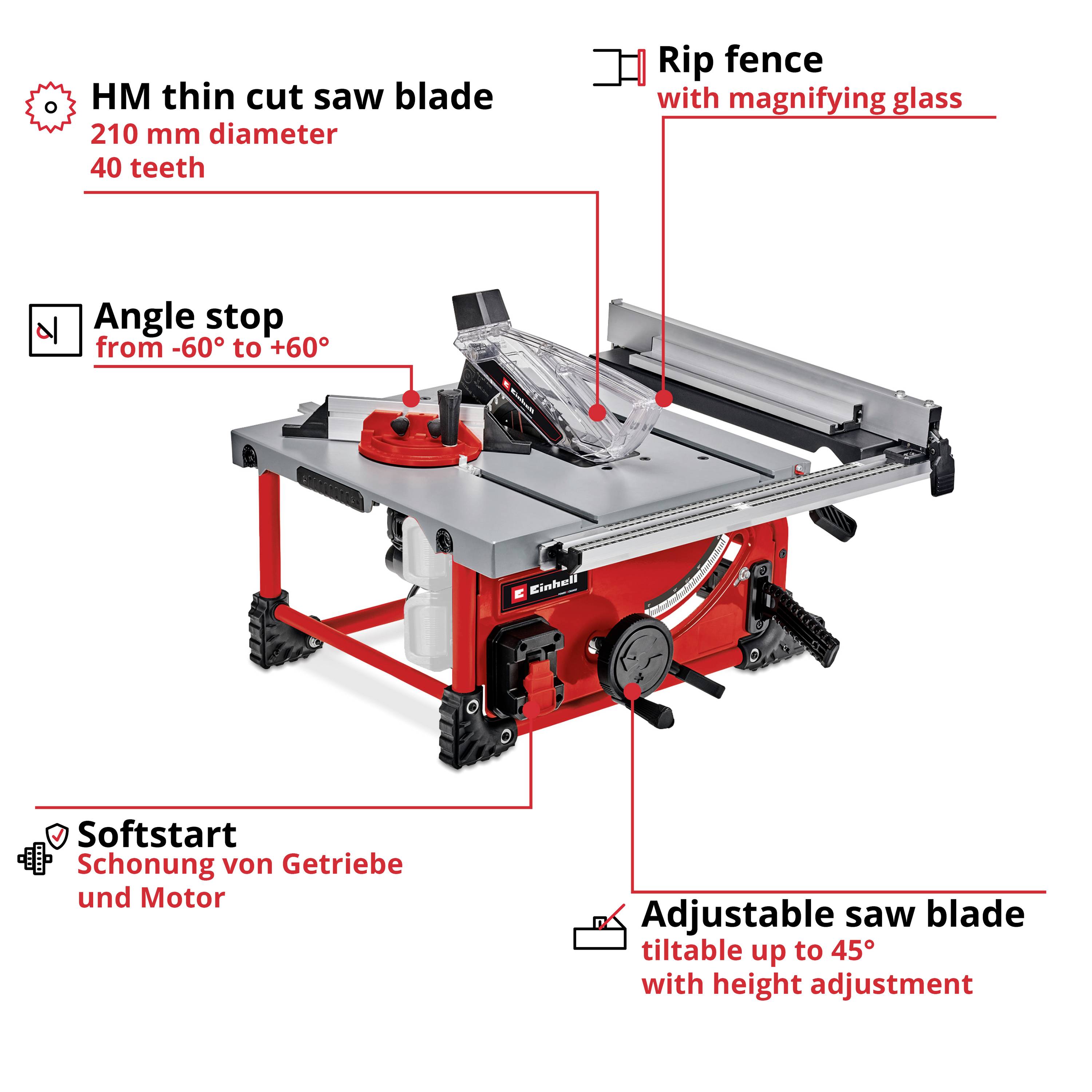 'Scie circulaire de table avec lame de scie HM à coupe fine, butée parallèle, butée angulaire, démarrage progressif et lame réglable jusqu'à 45°.'