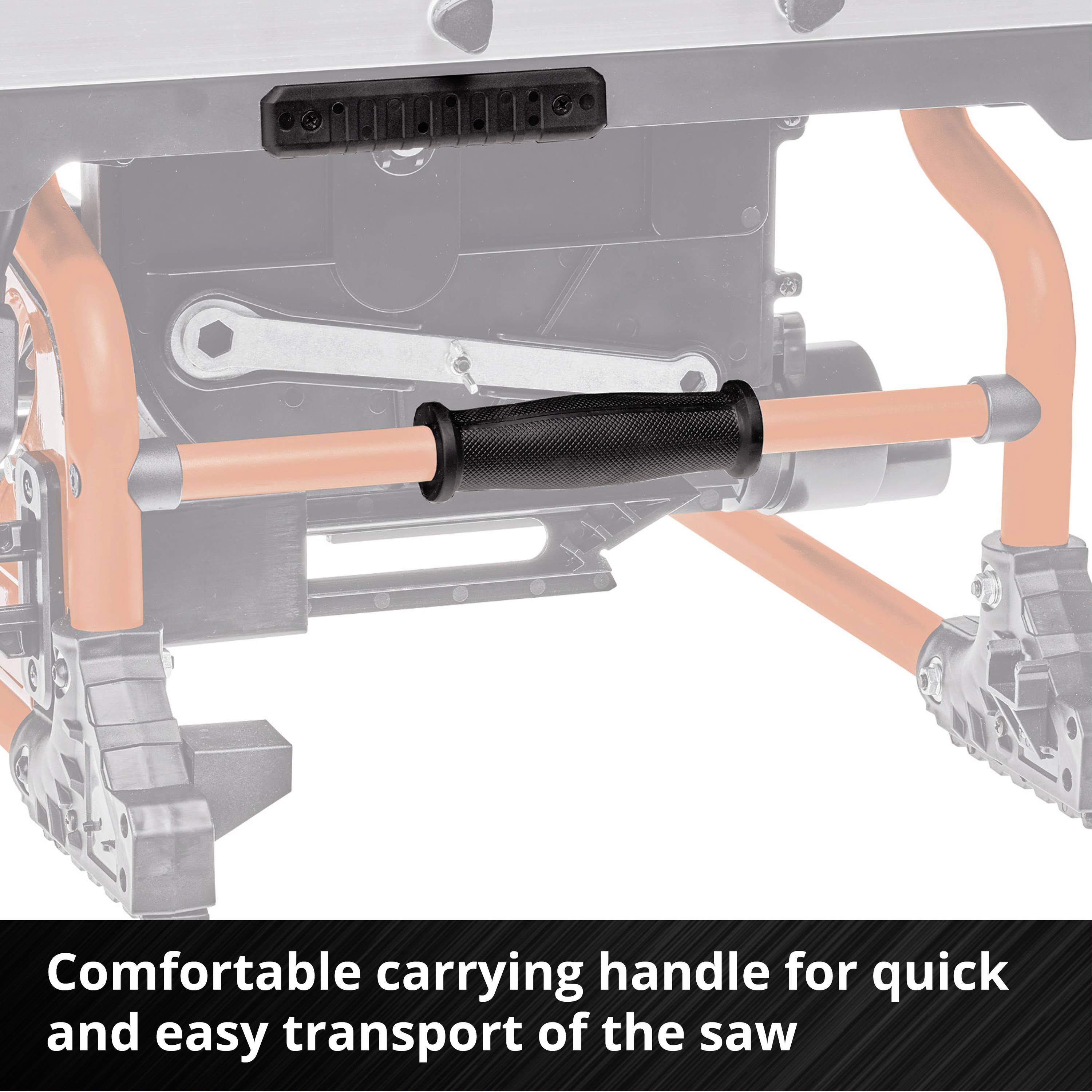Poignée de transport d'une scie, mise en évidence pour accentuer. Texte en dessous : 'Poignée de transport confortable pour un transport rapide et facile de la scie'.