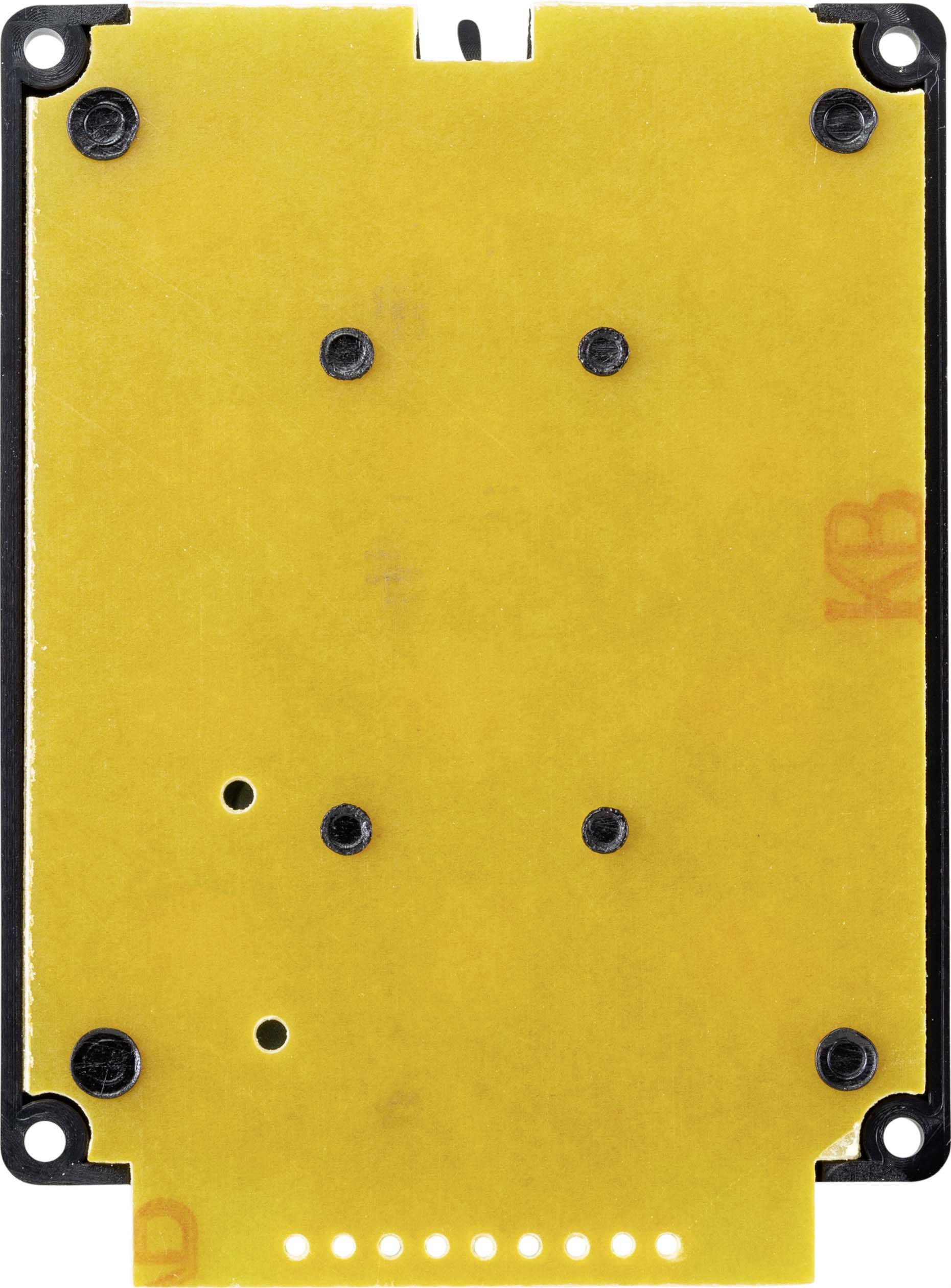 Carte de circuit imprimé jaune rectangulaire avec plusieurs points de fixation noirs aux coins et au centre, sans composants électroniques visibles.