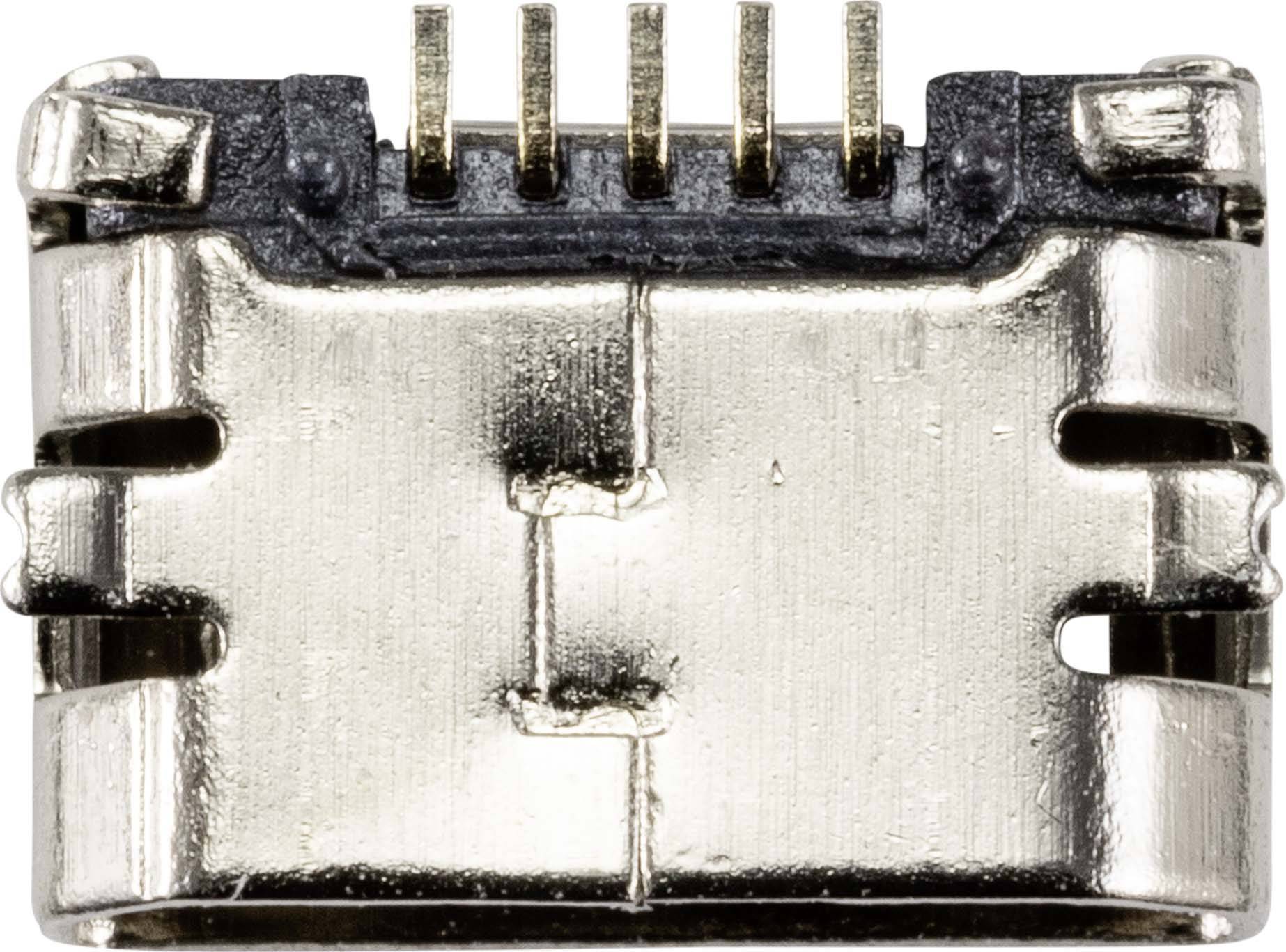 Gros plan sur une prise USB avec cinq contacts dorés, de conception compacte, adaptée aux connexions électroniques.