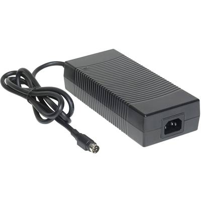 Adaptateur secteur noir avec câble et fiche à quatre broches sur le côté gauche, forme rectangulaire avec des rainures sur le dessus.