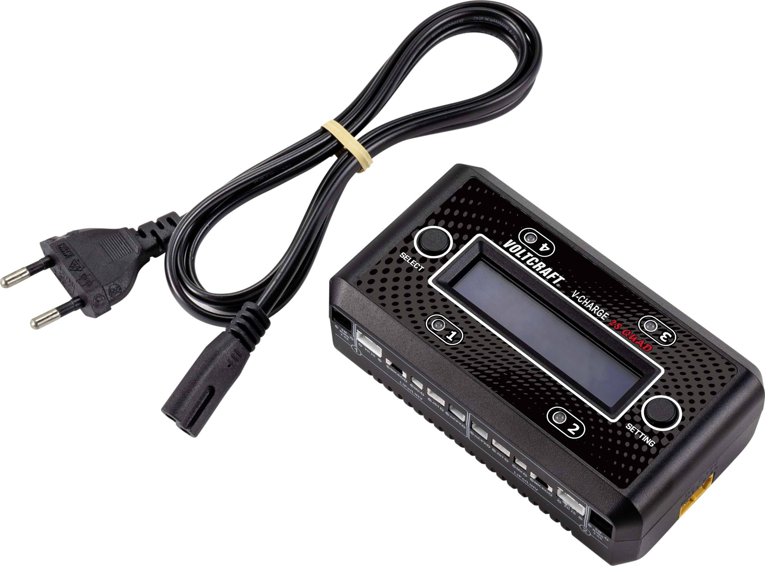 Un chargeur numérique noir avec un écran LCD, des boutons de réglage et un câble d'alimentation amovible avec une fiche européenne.
