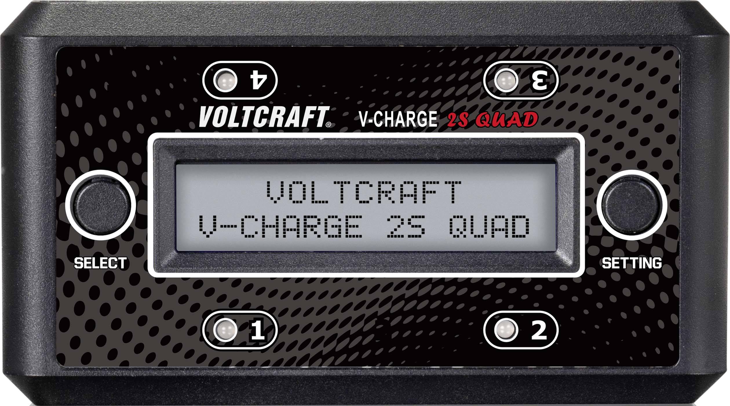 Écran de chargeur avec l'inscription 'VOLTCRAFT V-CHARGE 2S QUAD', fond gris avec des points noirs, quatre touches autour de l'écran.
